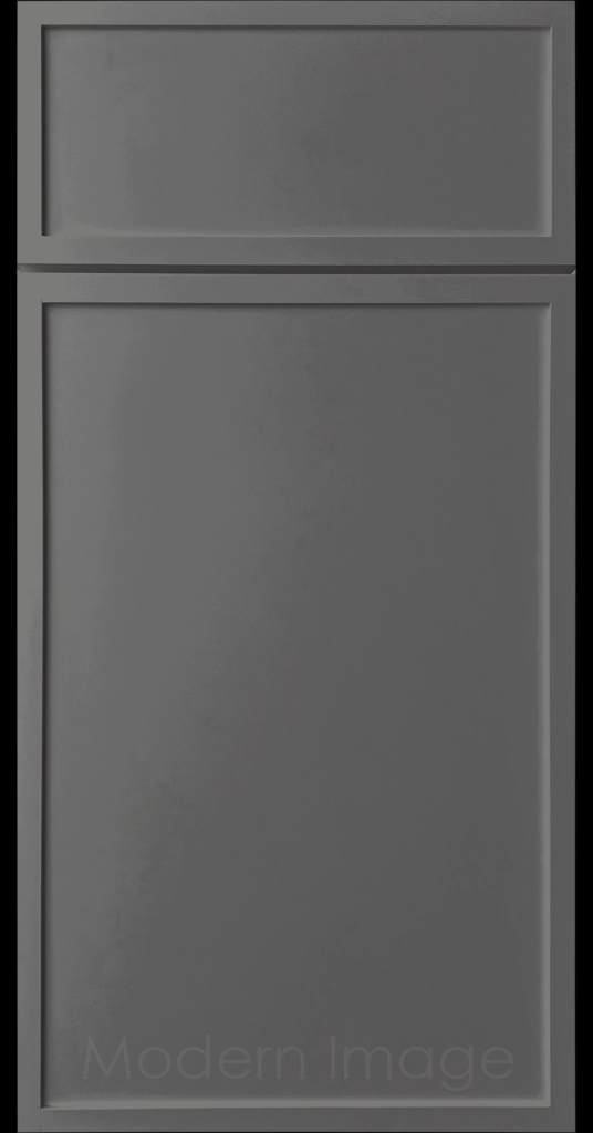 Gun Metal color Arcadia shaker-style cabinet door, featuring slim stile and rail surrounding a flat center panel